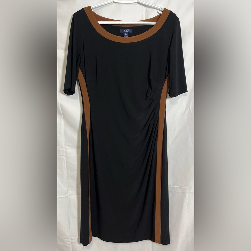 Chaps Quiet Luxury Cognac Trim Ruched Sheath Dress | Large